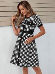SHEIN Maternity Houndstooth Print Button Front Dress - Black and White - View 5