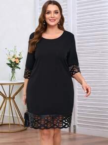 SHEIN Clasi Curvy Plus Size Women's Black Solid Cutout Stitching Round Neck Simple Short Dress, Women's Resort Wear, Women's Summer Dresses, Business Casual Women, Going Out, Women's Office Wear, Women's Spring Dresses, Festivals, Teachers, Old Money, Elegant Dresses, Knitted Dresses, Elegant Women's Dresses, Elegant Dresses, Black Dresses, Women's Black Dresses, Black Mini Dresses, Women's Plain Dresses, Women's Black Dresses