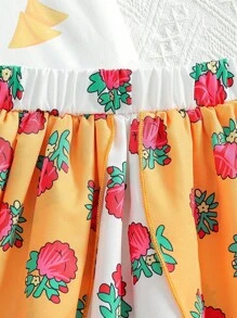 Tween Girl Ramadan Cartoon Print Short Sleeve T-Shirt And Rose Print Color Block Skirt 2 Pieces Set - Multicolor - View 4