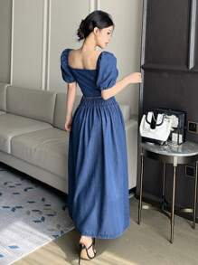 DAZY 女士方领泡泡袖牛仔上衣和半身裙套装 - 深色水洗藍 - 查看 3