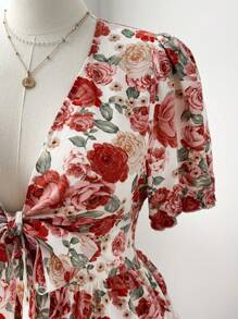 Flirla Romantic Tie-Knot Waist Short Sleeve Midi Dress - Pink - View 2
