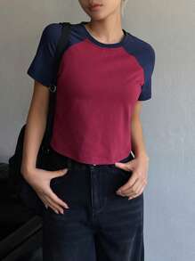 DAZY Camiseta casual de mujer de manga corta, cuello redondo, bloque de color, crop tops de mujer