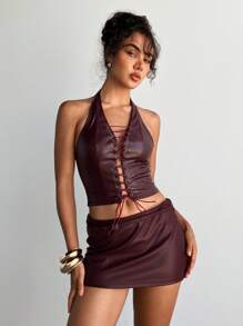 Aloruh Áo ba lỗ hở lưng gợi cảm Ancora dây chéo cho nữ, Áo ba lỗ hở vai PU Y2K không tay cho lễ hội âm nhạc - Màu Đỏ Sâu - Xem 3