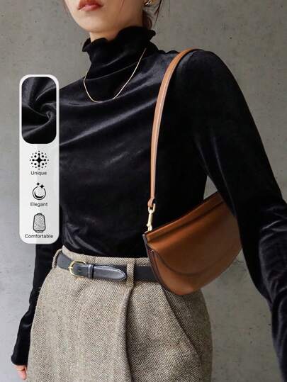 FRIFUL 女士天鹅绒纯色黑色长袖休闲T恤，秋季女装高领衫