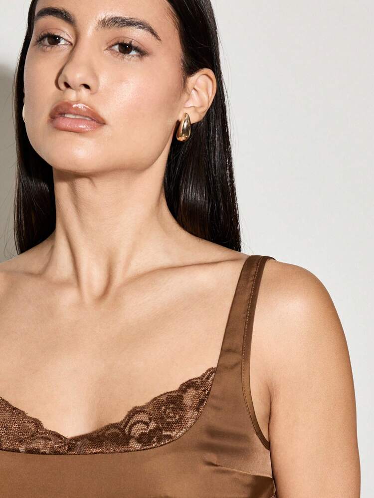 Satin Sleeveless Camisole With Lace Trim