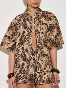 AiiRZ Conjunto coordinado de ropa de resort con estampado de leopardo, blusa de manga ancha con botones y pantalones cortos sueltos, conjunto de dos piezas para verano y vacaciones en la playa - Multicolor - Ver 4