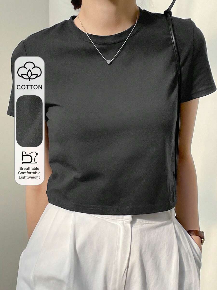 Dazy-Less 纯色圆领短款T恤，复古风夏季商务休闲女士工作服 - 深灰色 - 查看 1