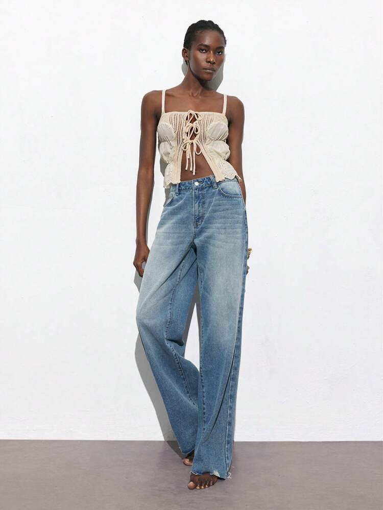 SHEIN Maija Apricot Lace Up Crochet Patchwork Women's Vacation Style Bohemian Chic Vest, Fashionable Spring/Summer Beach Resort Wear