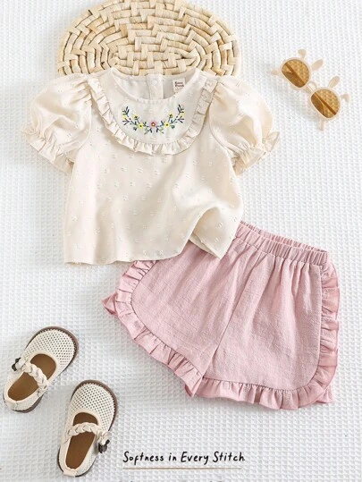 Cozy Pixies 女宝宝 2 件套植物花卉印花泡泡袖圆领上衣和松紧腰荷叶边下摆短裤春夏服装套装