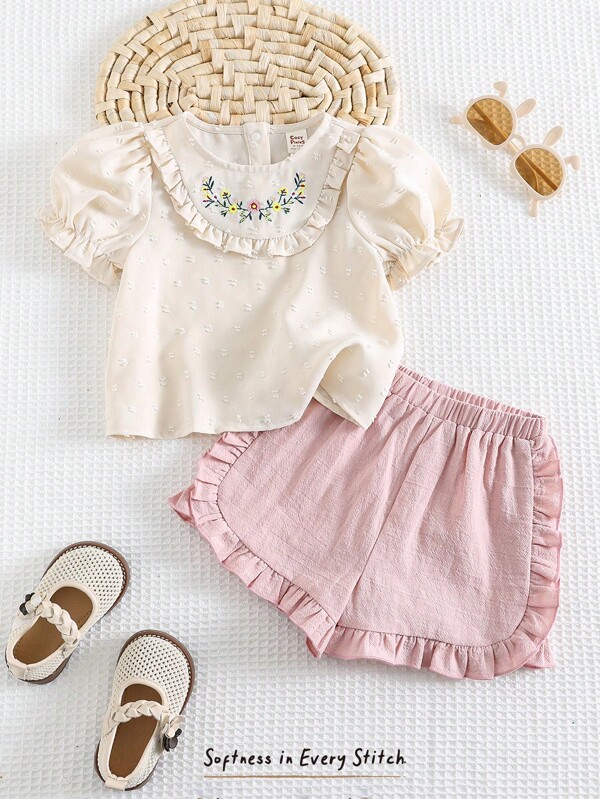 Cozy Pixies Baby Girl 2pcs/Set Botanical Floral Print Puff Sleeve Crew Neck Top And Elasticated Waist Ruffle Hem Shorts Spring Summer Clothes Set