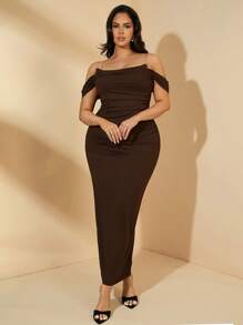 SHEIN BAE Vestido largo entallado de color café sólido para mujer de talla grande, para primavera y verano - Marrón - Ver 6