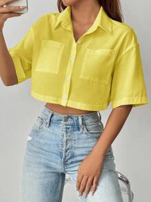 Chiquease 休闲纯色短款双口袋衬衫