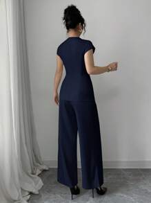 Siren Gaze 2024秋季新款西装背心配不对称金属纽扣装饰长款背心外套、阔腿西装裤、休闲商务西装套装 - 藏蓝色 - 查看 2