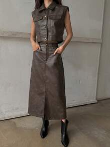 DAZY 女士秋冬 PU 皮革无袖背心和长开衩口袋裙两件套，时尚 - 鏽棕色 - 查看 2