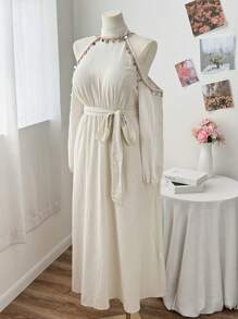 Sunnyshic Vestido largo elegante de línea A para playa con escote halter y cordones, vestido de lino cómodo para vacaciones