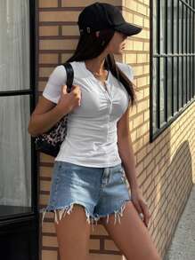 DAZY Women's Solid Color Casual Half Open Collar Button Short Sleeve T-Shirt - White - View 4