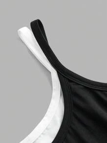 SHEIN Tween Girls 2 In 1 Crop Top Black And White Patchwork Knitted Tank Top - Black - View 3