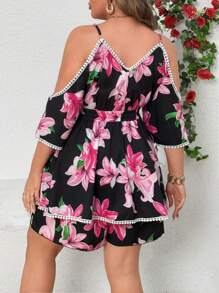 SHEIN Clasi Mono de talla grande para mujer de estilo casual con estampado lindo y doble capa de culottes - Negro - Ver 2