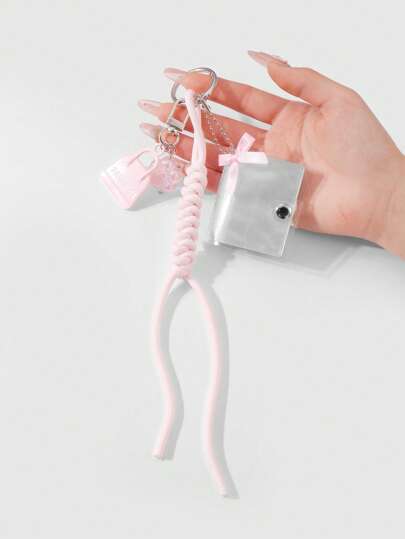 Kawaii 1pc Ins-Stylish Luxury High-End Sweet Pink Resin Luminous Sakura Mini Bag Charm With Bow, Transparent Album, Handmade Woven Climbing Rope, DIY Keychain, Suitable For Women/Ladies Daily Wear, Holiday Gifts