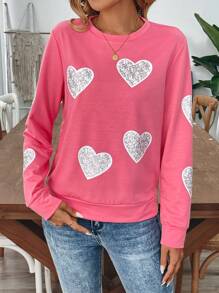 Calvaya Pink Heart Print Round Neck Casual Sweatshirt For Autumn Pullover Fall Sweatshirt - Pink - View 4