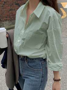 DAZY 女式休闲落肩宽松拼布口袋衬衫长袖上衣 - 薄荷綠 - 查看 6