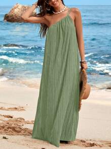 SHEIN VCAY Vacation Casual Solid Color Textured Asymmetric Dress Green - Mint Green - View 6