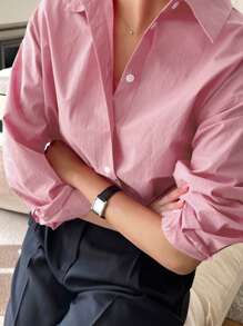 DAZY Áo sơ mi tay dài dáng rộng, đơn giản, màu trơn thời trang xuân hè dành cho nữ - Màu Hồng  Dưa hấu - Xem 3