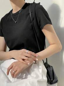 Dazy-Less Solid Crew Neck Crop Tee Summer Preppy Tops Business Casual Woman Work Clothes - Black - View 4