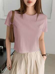 Dazy-Less 女士纯色圆领短袖T恤老款夏季短款上衣女士商务休闲女式工作服 - 粉色 - 查看 6