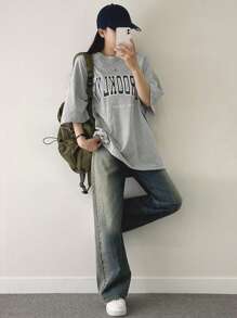 DAZY Letter Graphic Drop Shoulder Tee Oversized T-Shirt Streetwear - Grey - View 7