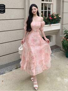 DAZY Ladies Floral Printed Off Shoulder Chiffon Dress Summer Sundress - Pink - View 6