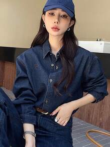 DAZY Women's Long Sleeve Casual Denim Top With Embroidered Bow Detail, Suitable For Autumn,Back To School Clothes,Jeans Jacket,Fall Women Clothes