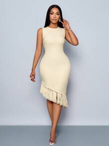 SOLERSUN Women's Spring/Summer Solid Color Elegant Beach Vacation Sleeveless Fringe Asymmetrical Hem Bodycon Midi Dresses Fringe Dress - Apricot - View 7