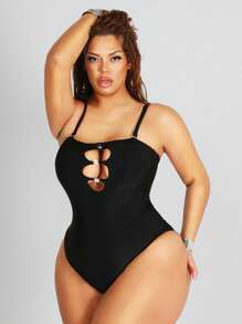 SHEIN Swim SXY Plus Size Solid Color Hollow-Out One-Piece Swimsuit, Vacation Beach - Black - View 3