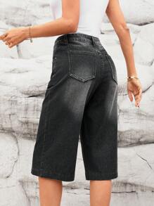 SHEIN LUNE Blugi Capri pentru femei, cu buzunare, cu picior larg, lejer, casual, versatili - Negru - Vizualizare 2