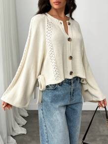 EURMUSE Women Button Front Cut Out Tie Detailed Spring Cute Cardigan - Cream - View 4