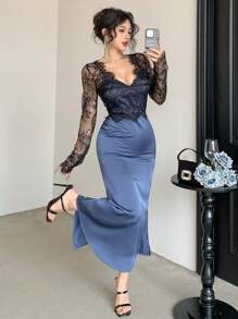 DAZY 性感修身派对/婚礼宾客礼服，网眼、蕾丝和缎面拼布 V 领幻觉礼服舞会礼服优雅秋季礼服长袖礼服 - 寶藍色 - 查看 1