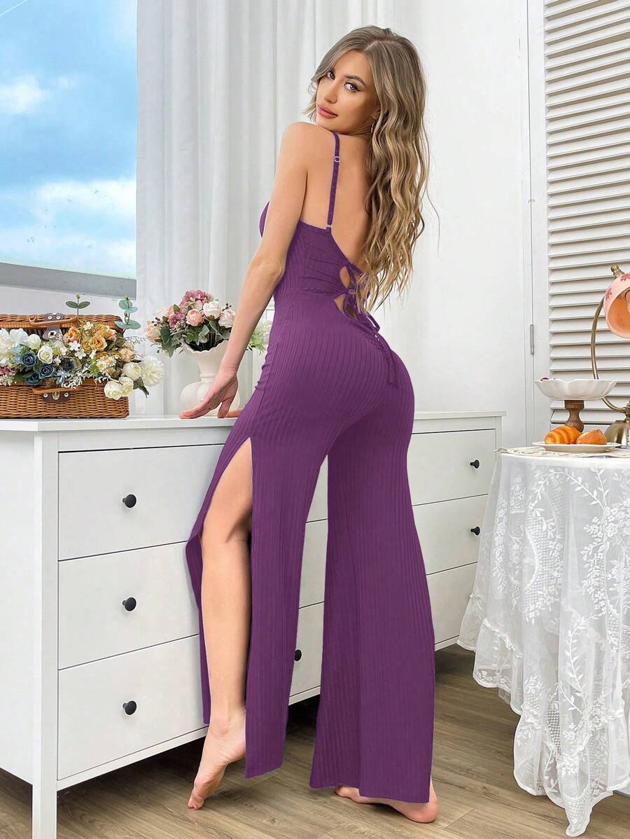 Women's Ribbed Camisole Jumpsuit With Side Slit, Sleeveless Romper, Loungewear - Purple - View 1