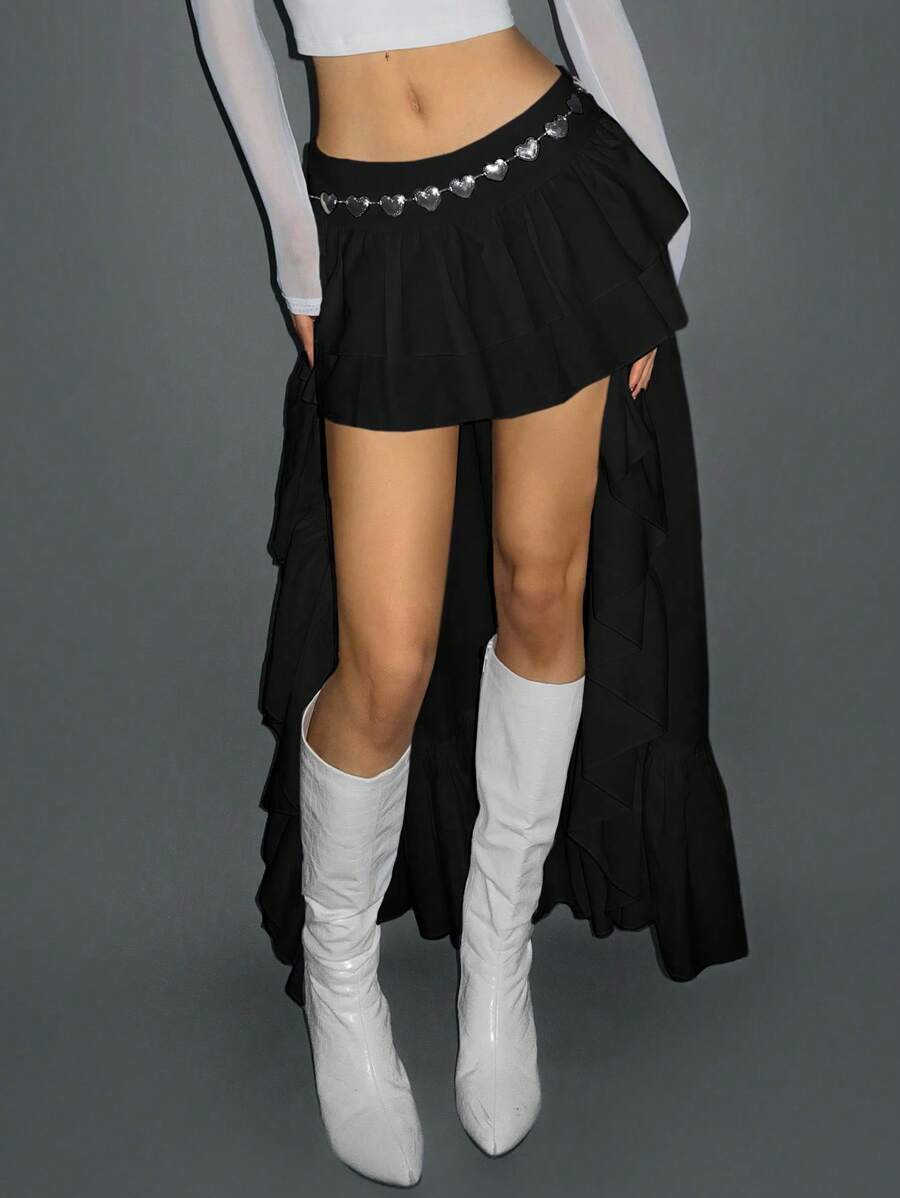 SHEIN ICON Low Waist Asymmetrical Hem A-Line Skirt Party - Black - View 1