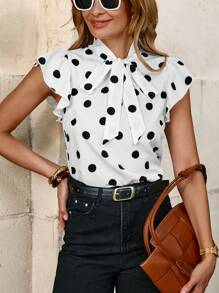 Solivie 黑白波点蝴蝶结领盖袖修身女式衬衫女式夏季服装乡村服装女式夏季服装