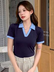 DAZY 撞色饰边罗纹针织 T 恤，商务休闲女装 - 藍色 - 查看 4