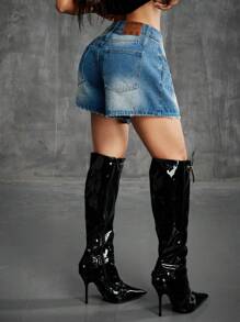 SHEIN EZwear Women's Spring/Summer Y2K Grunge Going Out Washed Baggy High Waisted Double Waistband Shorts Jeans