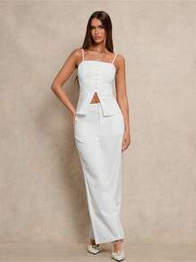 Glamine 女士优雅工作服吊带背心和开衩下摆纽扣西装裤办公室套装，纯白色，两件套 - 白色 - 查看 6