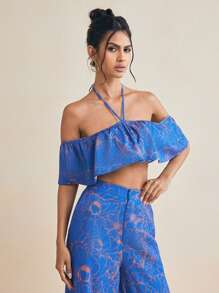 JIAN LASALA Women Blue Tops Boho Spaghetti Strap Sleeveless All Over Print,Plain,Plants,Colorblock Knot,Ruffle,Twist Summer Outfits For Women Summer Tops Vacation Outfits Going Out - Blue - View 3