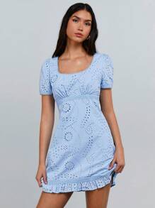 Athîral Mini rochie cu maneca scurta de culoare solida pentru femei, moda minimalista pentru vara - Albastru - Vizualizare 3