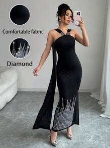 Elenzga Women's Elegant Solid Black High-End Rhinestone Embellished Dress - Black - View 1