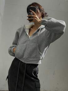 DAZY 女士保暖修身连帽卫衣，秋冬季保暖拉链外套 - 灰色 - 查看 4