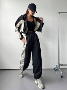 DAZY 2pcs Women Contrast Color Block Long Sleeve Drawstring Front Zip Jacket And Pants Suit,Fall Clothes Lounge Sets For Women - Black and White - View 4