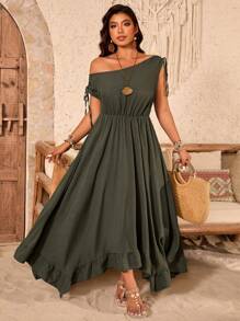 SHEIN LUNE 大码女式肩部泡泡袖收腰荷叶边下摆纯色 A 字形连衣裙，春夏