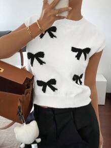 SHEIN Frenchy Áo vest nơ không tay cho nữ, thời trang tối giản, phù hợp cho mùa xuân và mùa thu - Đen và trắng - Xem 4